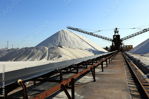 Salt production.  machinery for the treatment of the salt  The equipment and salt stock of a salt plant