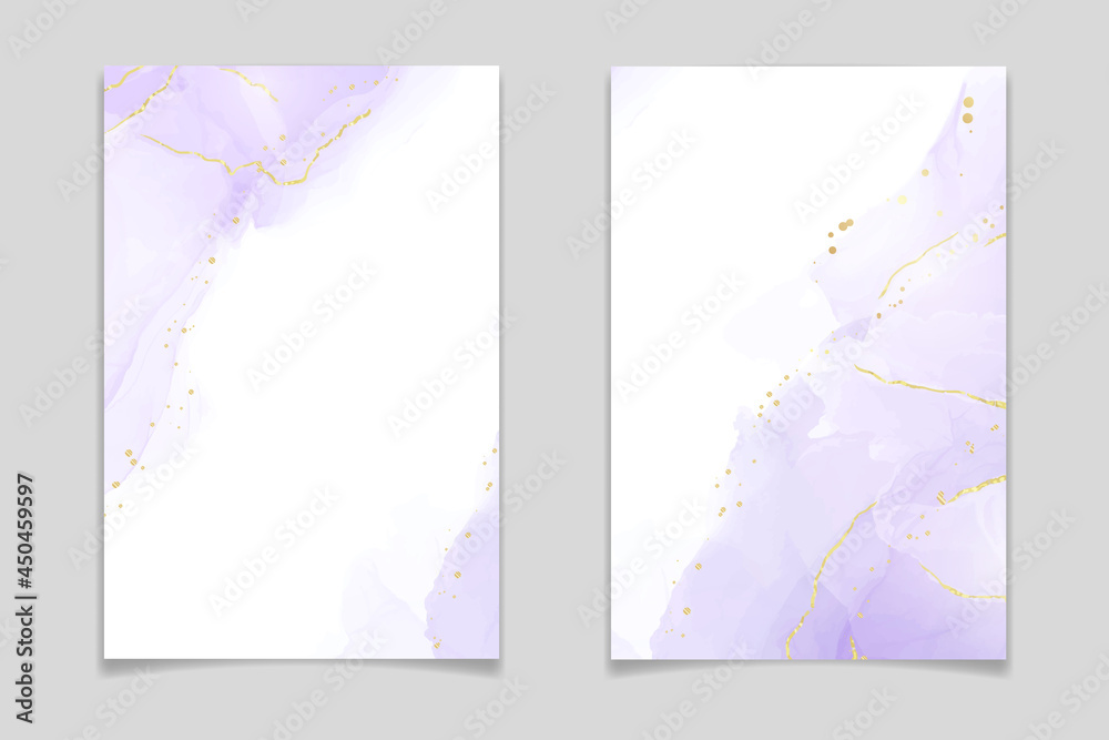 Abstract luxury lavender liquid watercolor background with golden cracks. Pastel violet marble alcohol ink drawing effect. Vector illustration design template for wedding invitation