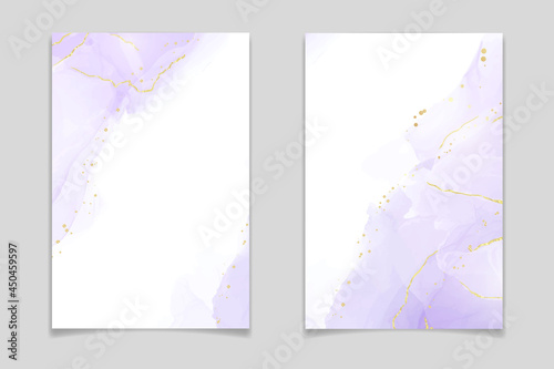 Abstract luxury lavender liquid watercolor background with golden cracks. Pastel violet marble alcohol ink drawing effect. Vector illustration design template for wedding invitation