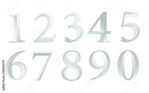 Silver Numbers Set from 0 to 9 in 3D Style Vector Isolated on White Background.