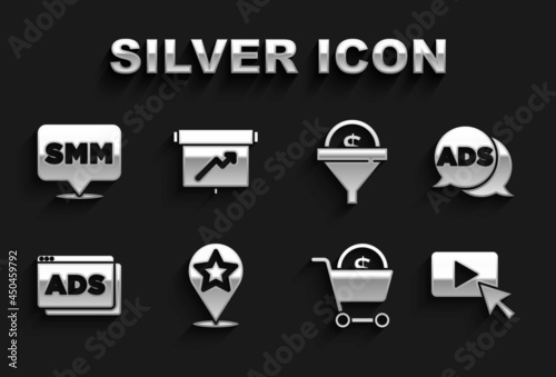 Set Map pointer with star, Advertising, Shopping cart and dollar, Lead management, Social media marketing and Board graph chart icon. Vector