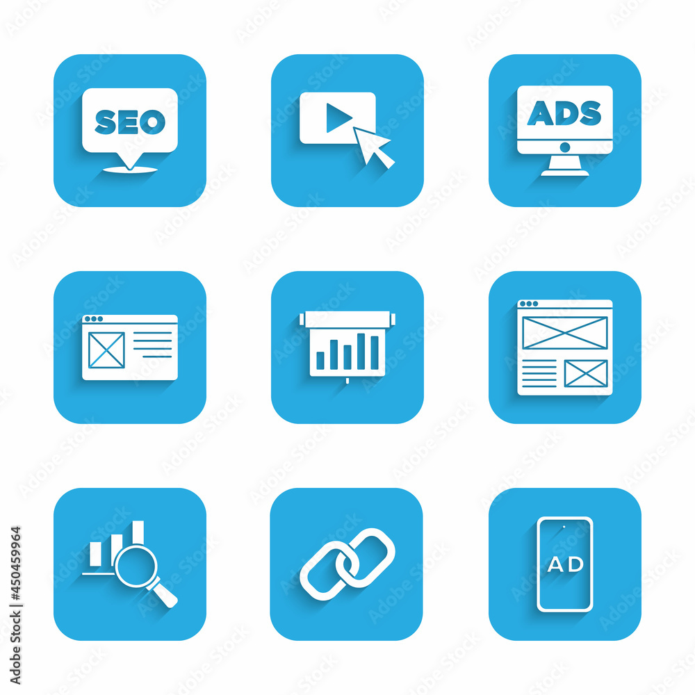 Set Board with graph chart, Chain link, Advertising, Browser window, Magnifying glass and analysis, and SEO optimization icon. Vector Set Board with graph chart, Chain link, Advertising, Browser window, Magnifying glass and analysis, and SEO optimization icon. Vector