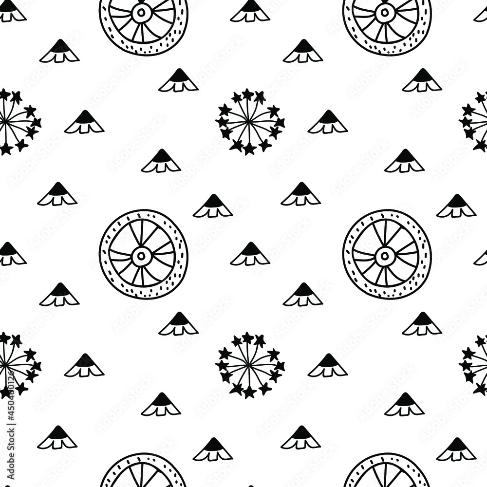 Vector seamless pattern with Scandinavian style snowflakes in black line on white isolated background.Winter,nordic,holiday hand drawn doodle style print.Designs for textiles,wrapping paper,packaging.