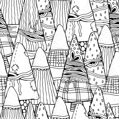 Siamless pattern with Christmas hand-drawn decorative elements in vector. Fancy Christmas trees. Pattern for coloring book. Black and white. Zentangle. photo