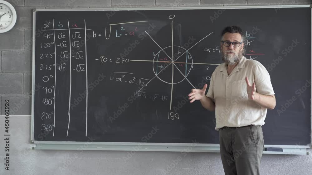 Senior College or Secondary School Professor teaching science maths looking to camera. Teacher talking to camera on video call explaining graphics on blackboard. Webcam view online education Senior College or Secondary School Professor teaching science maths looking to camera. Teacher talking to camera on video call explaining graphics on blackboard. Webcam view online education