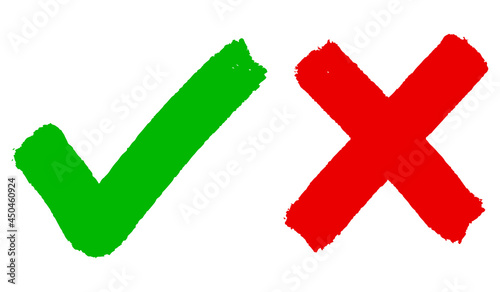Right and wrong icon. hand drawn of Green checkmark and Red cross isolated on white background. Vector illustration.