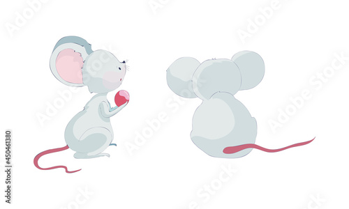 Cute funny mice characters set. Side and back view of lovely little mouse cartoon vector illustration