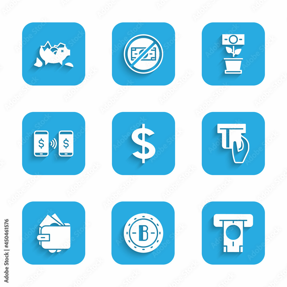 Set Dollar symbol, Bitcoin, ATM and money, Credit card inserted, Wallet with, Money payment transfer, plant the pot and Broken piggy bank icon. Vector Set Dollar symbol, Bitcoin, ATM and money, Credit card inserted, Wallet with, Money payment transfer, plant the pot and Broken piggy bank icon. Vector