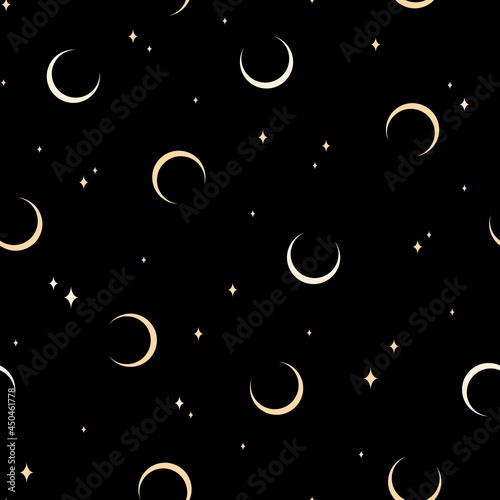 Seamless pattern with moon and stars on black background.  Contemporary  composition. Boho wall decor. Mid century art print. Trendy texture for print, textile, packaging. Bohemian art.