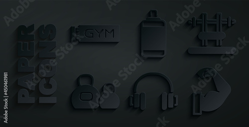 Set Headphones, Bench with barbel, Kettlebell, Bodybuilder muscle, Punching bag and Location gym icon. Vector