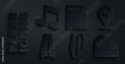 Set Audio jack, Location musical note, Metronome with pendulum, Grand piano, Drum machine and Music tone icon. Vector