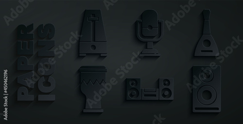 Set Home stereo, Balalaika, Drum, Stereo speaker, Microphone and Metronome with pendulum icon. Vector