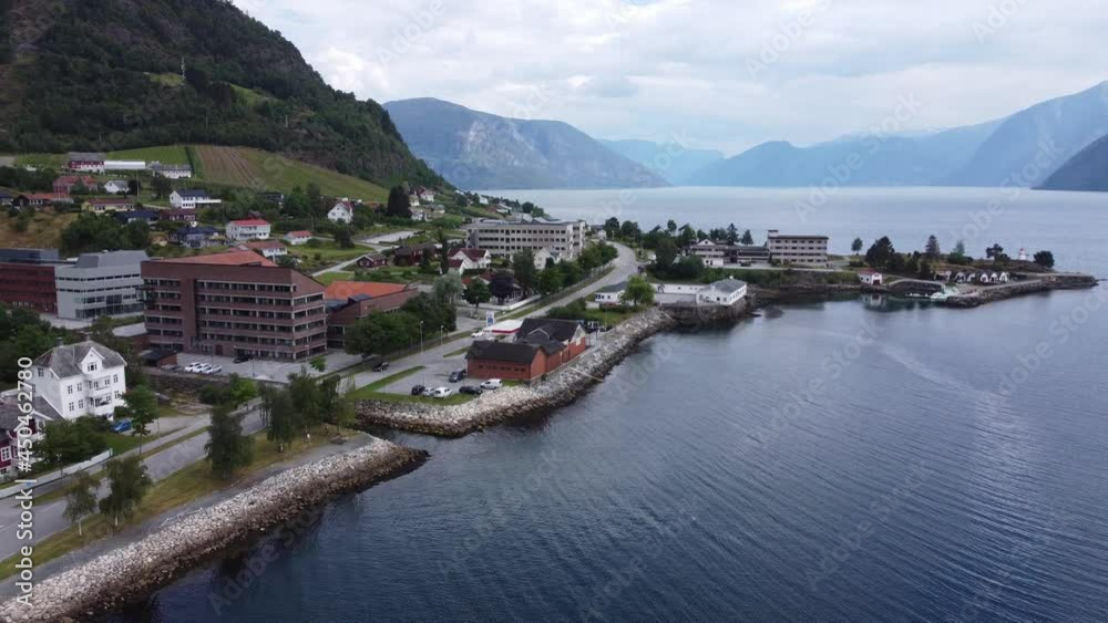 Leikanger seafront during summer day - Norway aerial Leikanger seafront during summer day - Norway aerial