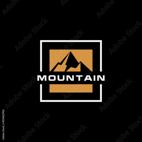 Mountain Landscape with Focus Square Lens Frame for Adventure Outdoor Nature Photography Photographer Logo Design