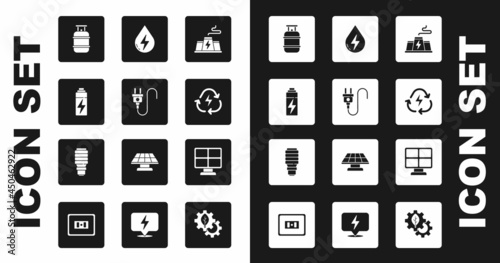 Set Power station plant factory, Electric plug, Battery, Propane gas tank, with recycle, Water energy, Solar panel and LED light bulb icon. Vector
