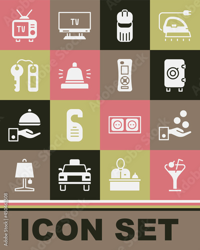 Set Martini glass, Paying tips, Safe, Trash can, Hotel service bell, door lock key, Retro tv and Remote control icon. Vector