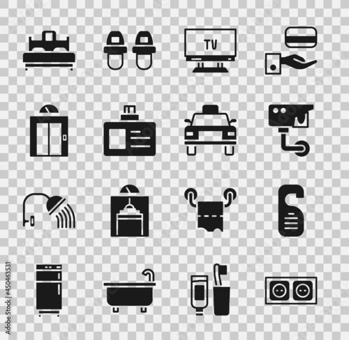 Set Electrical outlet, Please do not disturb, Security camera, Smart Tv, Identification badge, Lift, Bedroom and Taxi car icon. Vector