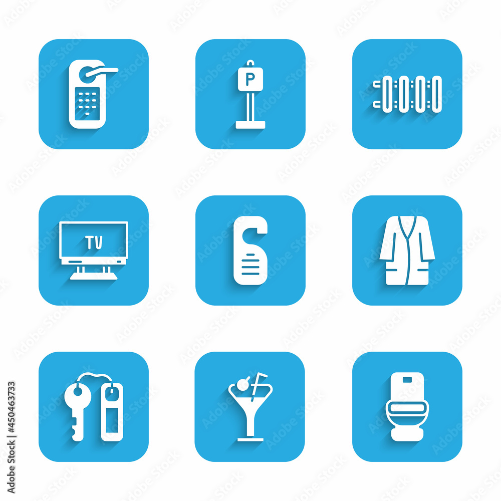 Set Please do not disturb, Martini glass, Toilet bowl, Bathrobe, Hotel door lock key, Smart Tv, Heating radiator and Digital icon. Vector