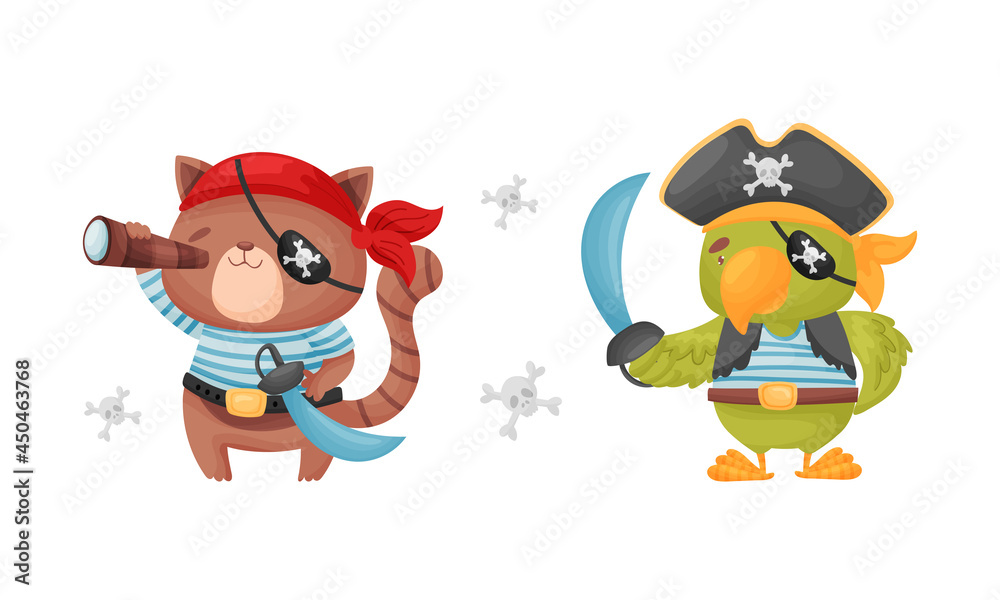 Fototapeta premium Cute little animals pirates set. Funny cat, parrot sailor characters cartoon vector illustration