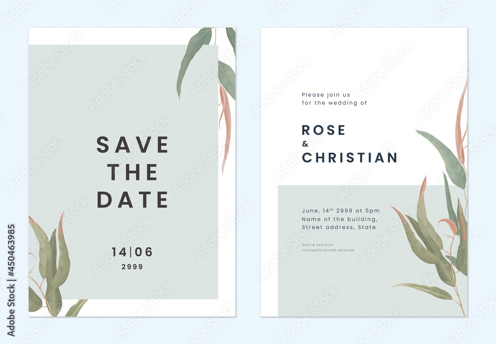 Minimalist foliage wedding invitation card template design, eucalyptus leaves