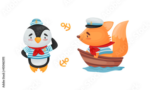 Cute baby animals sailors set. Funny penguin, squirrel captain characters cartoon vector illustration