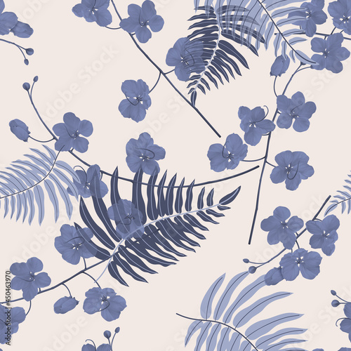 Floral seamless pattern, purple golden shower flowers and fern on bright brown