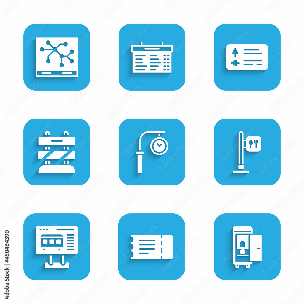 Set Train station clock, ticket, Toilet the train car, Cafe and restaurant location, Ticket office to buy tickets, End railway tracks, Road traffic signpost and Railway map icon. Vector