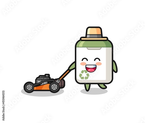 illustration of the trash can character using lawn mower