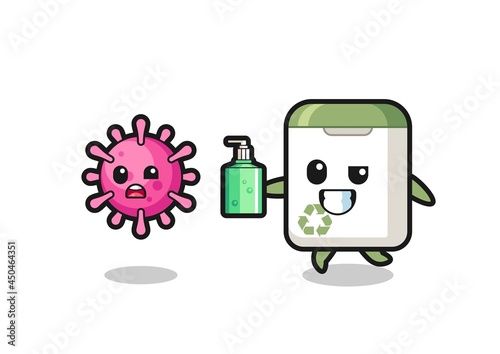 illustration of trash can character chasing evil virus with hand sanitizer