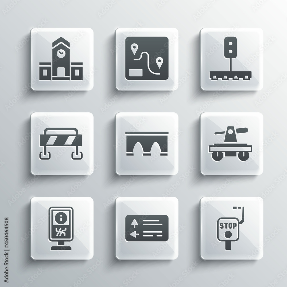 Set Road traffic signpost, Emergency brake, Draisine or handcar, Bridge for train, Information stand, barrier, Railway station and Train light icon. Vector Set Road traffic signpost, Emergency brake, Draisine or handcar, Bridge for train, Information stand, barrier, Railway station and Train light icon. Vector