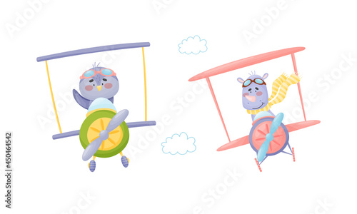 Cute baby animals pilots set. Funny bird and rhino pilot characters flying by airplane cartoon vector illustration