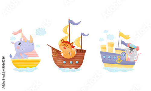 Cute baby animals captains set. Funny rhinoceros  cat  mouse sailors characters sailing on sailboats cartoon vector illustration