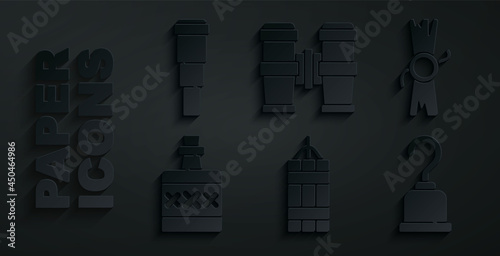 Set Dynamite bomb, Decree, parchment, scroll, Alcohol drink Rum, Pirate hook, Binoculars and Spyglass telescope lens icon. Vector