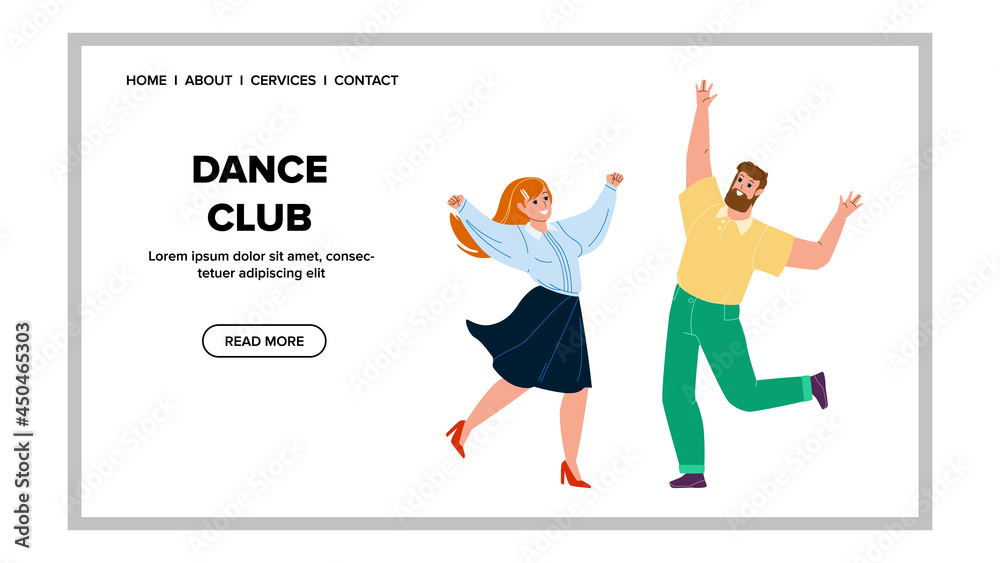 Dance Club Party Enjoying Man And Woman Vector. Young Boy And Girl Dancing Together In Disco Music Dance Club. Characters Dancers Entertainment Activity Web Flat Cartoon Illustration