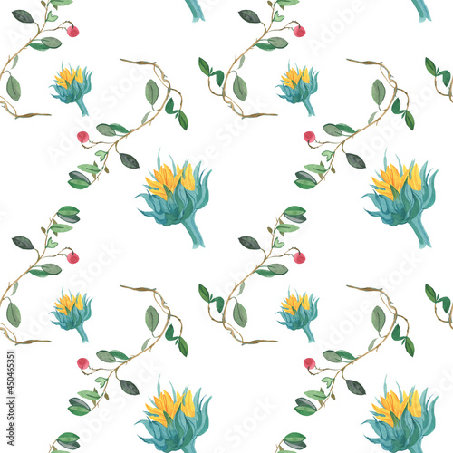 Watercolor seamless pattern with yellow sunflowers and red lingonberries on white isolated background.Autumn,berry,floral hand painted print.Designs for fabric,wrapping paper,packaging,scrapbook paper