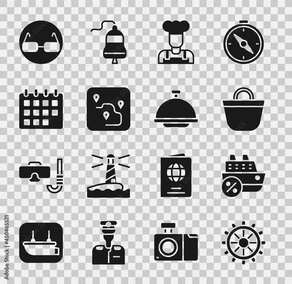 Set Ship steering wheel, Cruise ship, Beach bag, Cook, Route location, Calendar, Glasses and Covered with tray icon. Vector