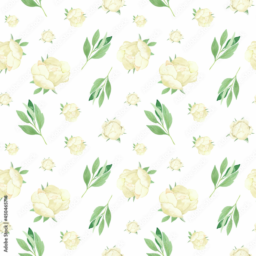 Watercolor floral digital paper with white peonies. Great for printing, web, textile design, scrapbooking, gift products.