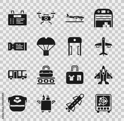 Set Radar with targets on monitor, Jet fighter, Plane, Box flying parachute, Airline ticket, Airport board and Metal detector airport icon. Vector