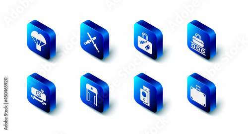Set Marshalling wands, Suitcase, Conveyor belt with suitcase, Passport ticket, Metal detector airport, Fuel tanker truck and Box flying parachute icon. Vector