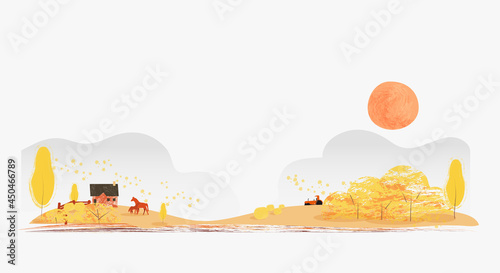 Flat banner vector illustration of Autumn or falls season.Rural countryside background with hut foliage leaves ,horses,truch and hay bale.Wind blowing against autumn rural background.