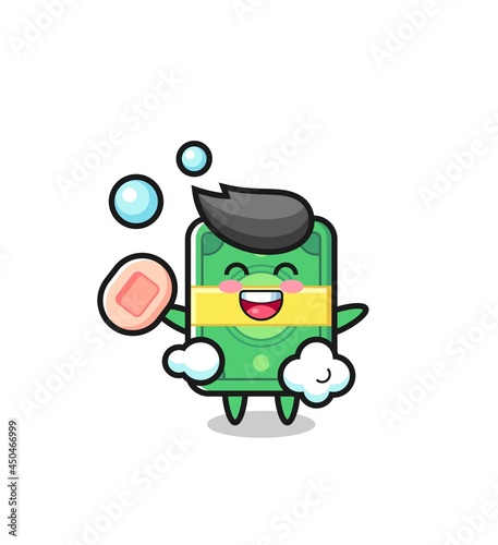 money character is bathing while holding soap
