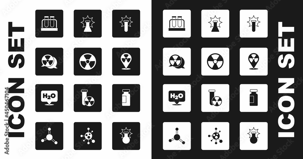 Set Chemical explosion, Radioactive, Test tube and flask, in location, and formula for H2O icon. Vector Set Chemical explosion, Radioactive, Test tube and flask, in location, and formula for H2O icon. Vector