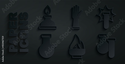 Set Alcohol or spirit burner, Chemical explosion, Test tube and flask, Medical rubber gloves and icon. Vector