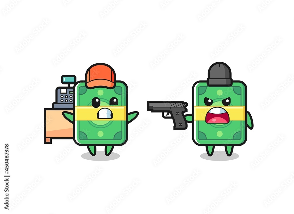 illustration of the cute money as a cashier is pointed a gun by a robber