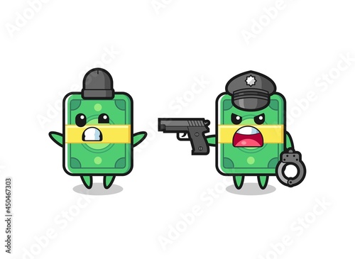 illustration of money robber with hands up pose caught by police