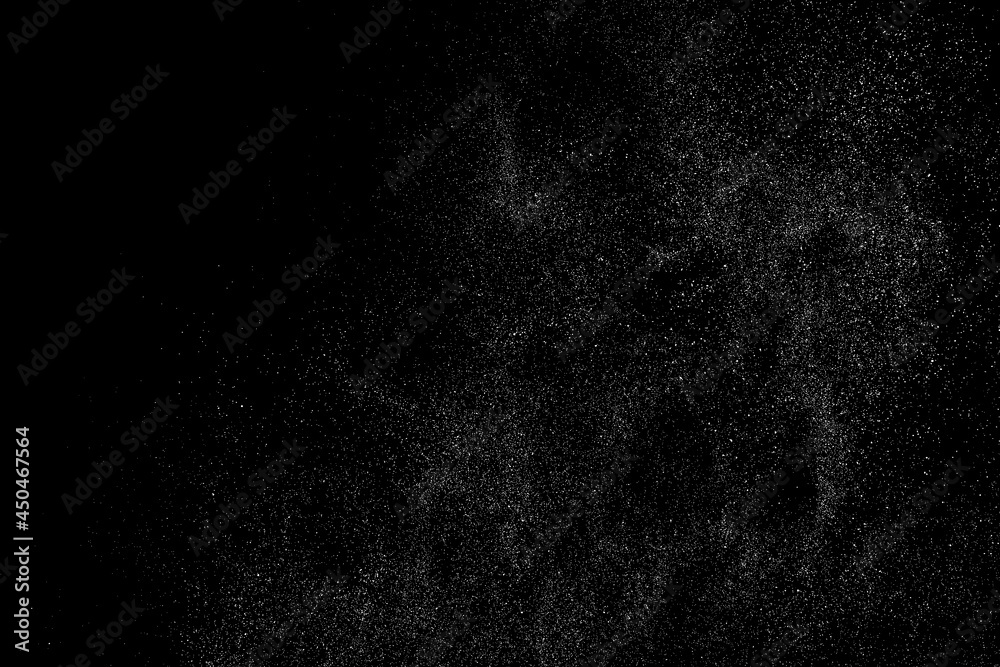 Distressed white grainy texture. Dust overlay textured. Grain noise particles. Snow effect. Rusted black background. Vector illustration, EPS 10.  