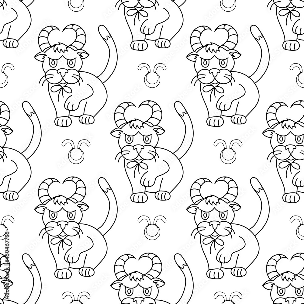 Taurus zodiac sign as a funny cat seamless pattern. Line art on white background. Vector illustration