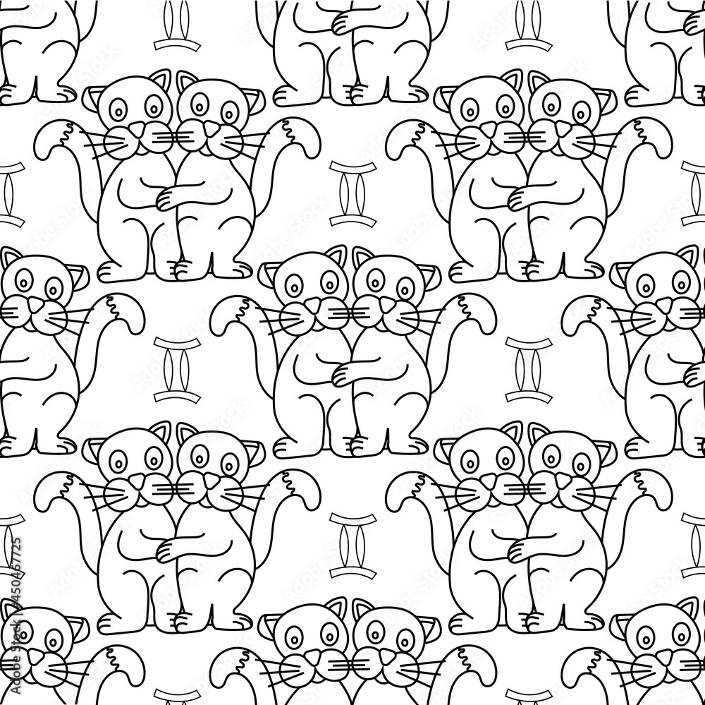 Gemini zodiac sign in the form of funny cats seamless pattern. Line art on white background. Vector illustration