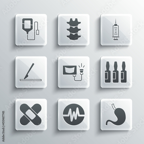 Set Heart rate, Human stomach, Medical vial, ampoule, Ultrasound, Crossed bandage plaster, surgery scalpel, IV bag and Syringe icon. Vector