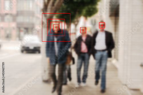 Face recognition signs and tags on people faces. Privacy and personal data protection.